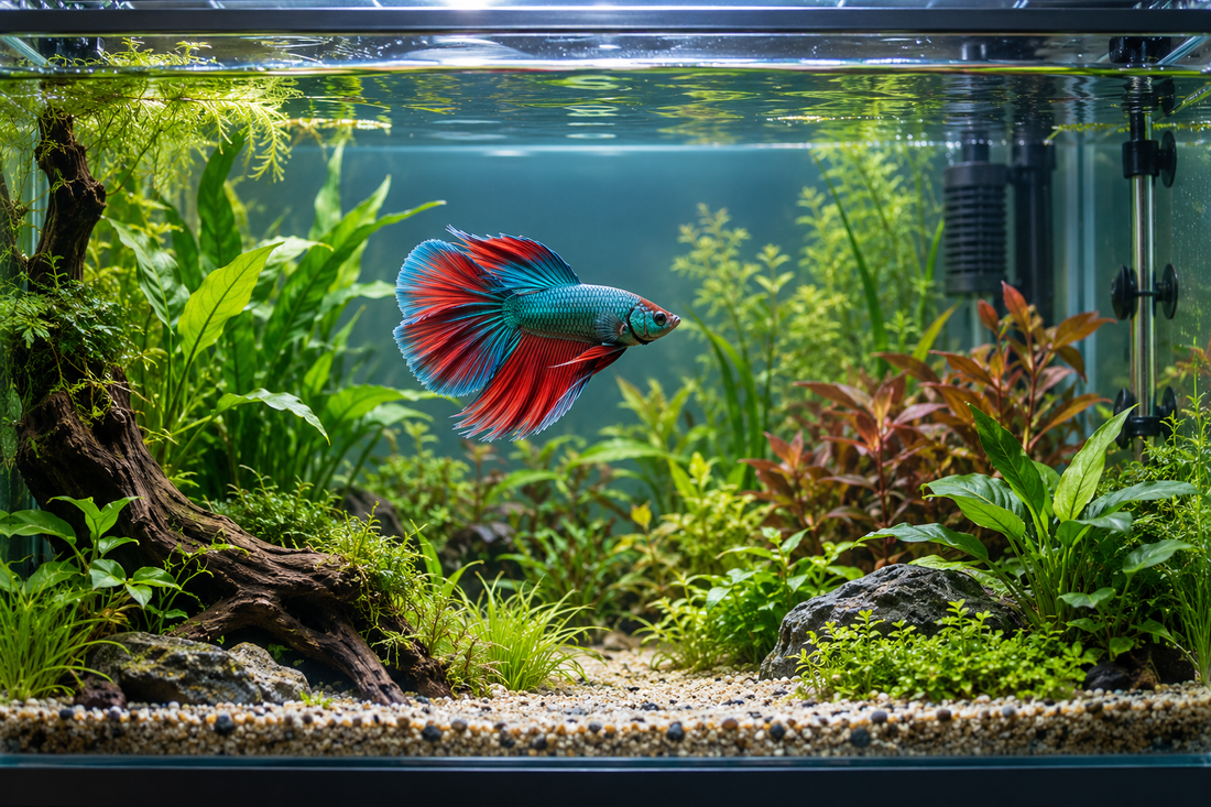 Illustration IA : betta dans un aquarium planté, chauffé et filtré