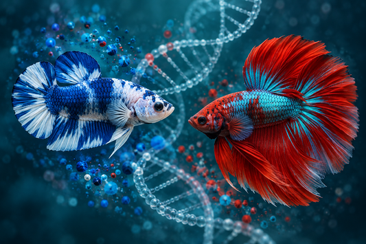 Illustration conceptuelle IA : couleurs de bettas et génétique