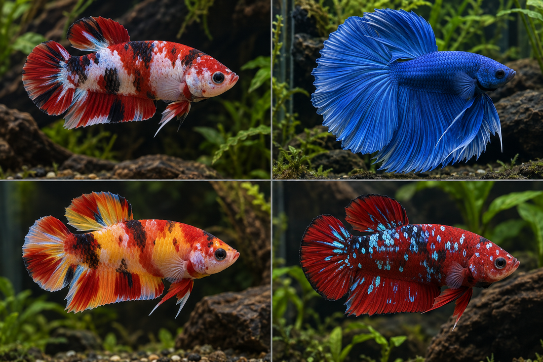 Illustration IA : comparaison de bettas Plakat, Halfmoon, Koi, Nemo et Galaxy