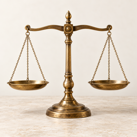 Balance ancienne en laiton à deux plateaux équilibrés, symbole du complément de paiement Betta Land