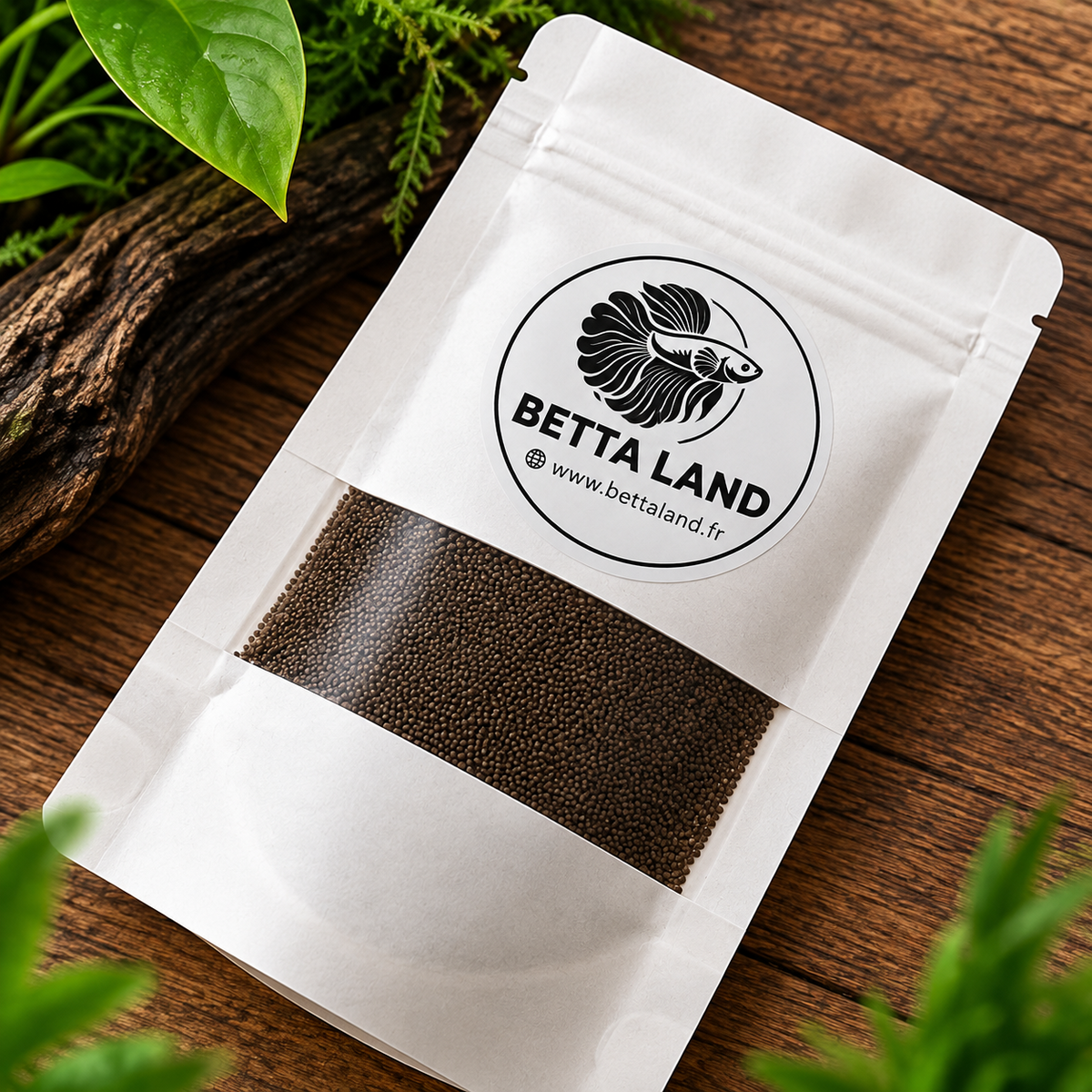 Sachet de nourriture Betta Land 30 g et vue des granulés